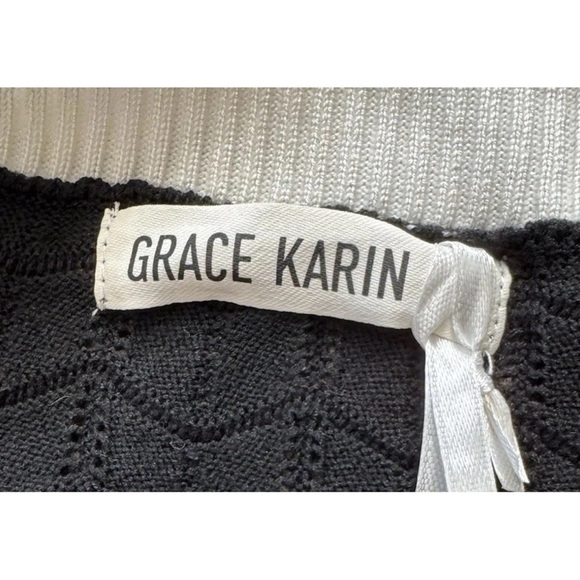 Grace Karin 2XL Black White Short Sleeve Cardigan Open Knit Sweater Preppy NWT - Picture 5 of 10